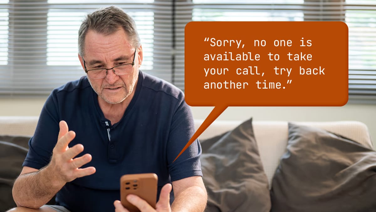 Frustrated homeowner on phone hearing 'sorry, no one is available to take your call'