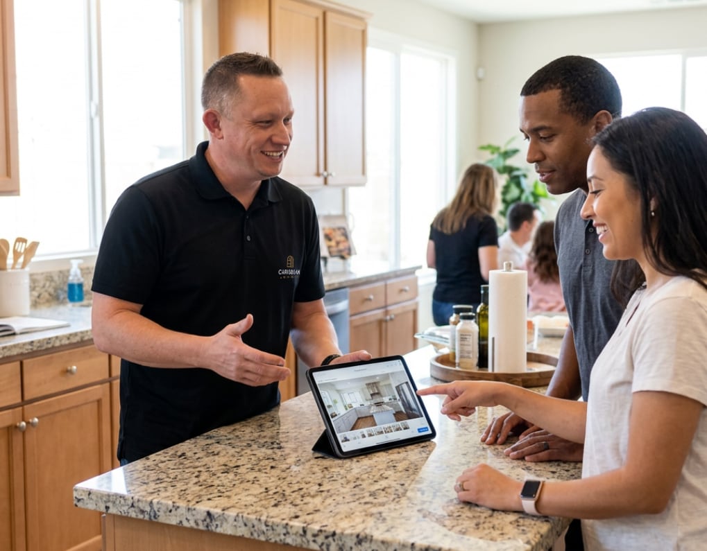 Caribbean Window Designs consultant showing options to homeowners on a tablet